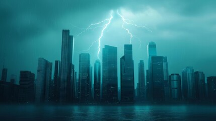 Fototapeta premium Thunderstorm over a futuristic city, electric blue lightning illuminating glass towers, Sony Alpha a7 III style