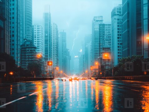 Storm clouds glowing with electric blue lightning over a brightly lit city, skyscrapers reflecting neon lights in the rain-soaked streets