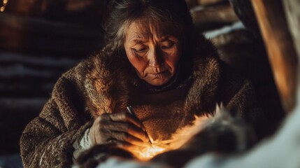 Close-up candid portrait of an Inuit woman sewing fur boots by the fire inside a cozy igloo, with warm light casting shadows on her face