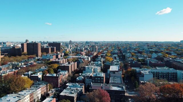 Aerial landscape of Prospect Heights Brooklyn city skyline during fall in New York City NY