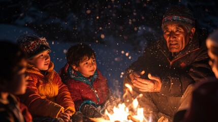 Close-up candid portrait of a tribal elder telling stories to children around a fire, their faces illuminated by the glow of the flames, snow gently falling outside