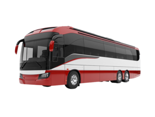 Sleek red and white tour bus in profile on white background. PNG transparent.