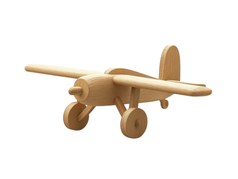 Wooden toy airplane with classic design on white background. PNG transparent. - Powered by Adobe