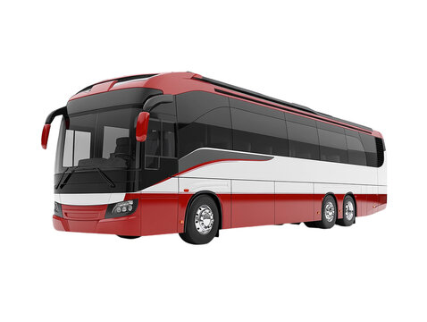 Sleek red and white tour bus in profile on white background. PNG transparent.