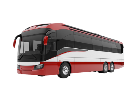 Sleek red and white tour bus in profile on white background. PNG transparent.