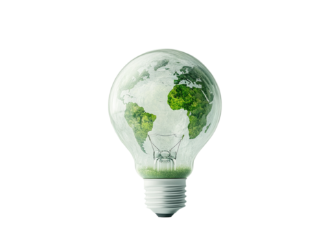 Lightbulb with green world map symbolizing eco-friendly energy on white background. PNG transparent. - Powered by Adobe