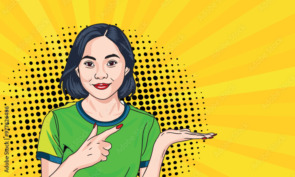 Wall mural asian woman is showing something where your advertisement is located. advertising vector design of g