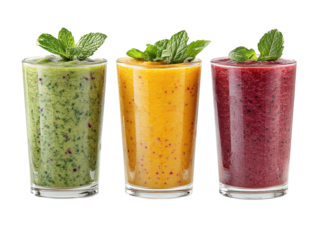 Colorful smoothies in glasses with mint leaves on white background. PNG transparent.