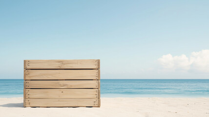 Vintage wooden crate with rustic textures, placed on a sandy beach, open sky and vast ocean as background, large copy space for text, warm tones, natural lighting