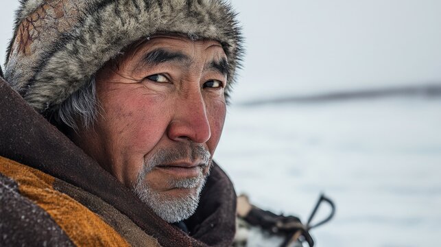 Close-up candid portrait of a northern tribesman packing supplies onto a sled, preparing for a long journey across the frozen landscape