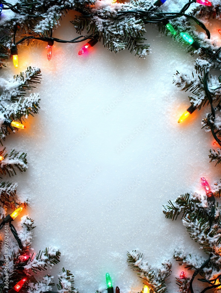 Canvas Prints snowy christmas background with colorful lights around the edge. text space. ai generated image