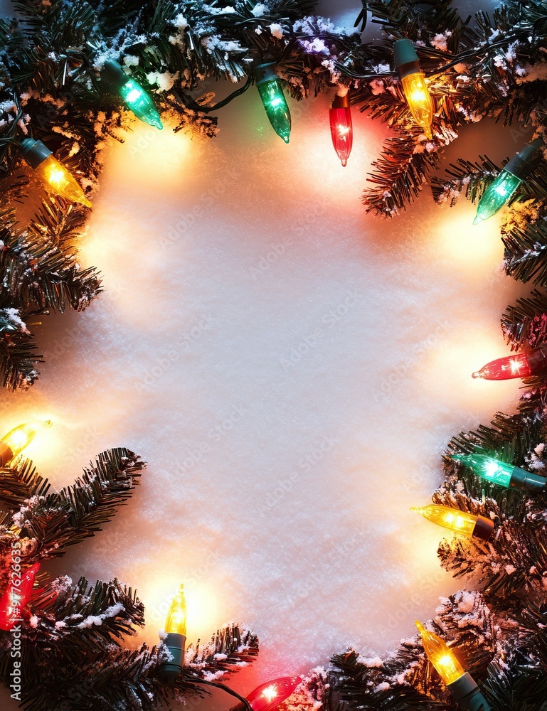 Wall mural snowy christmas background with colorful lights around the edge. text space. ai generated image
