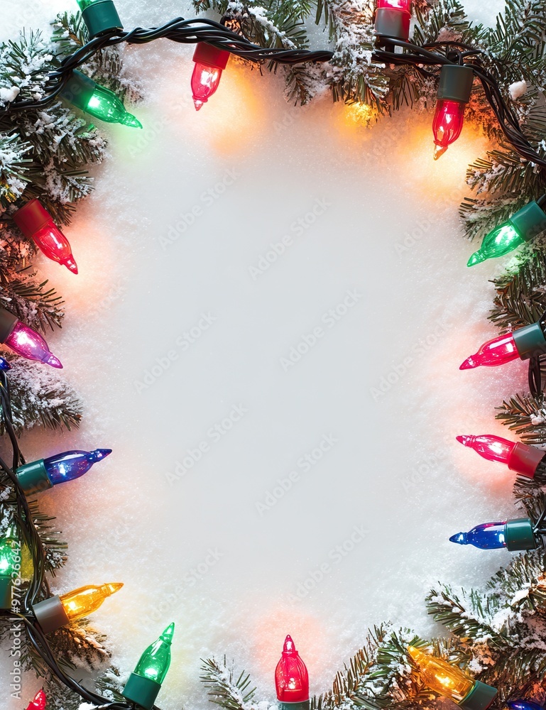 Wall mural snowy christmas background with colorful lights around the edge. text space. ai generated image