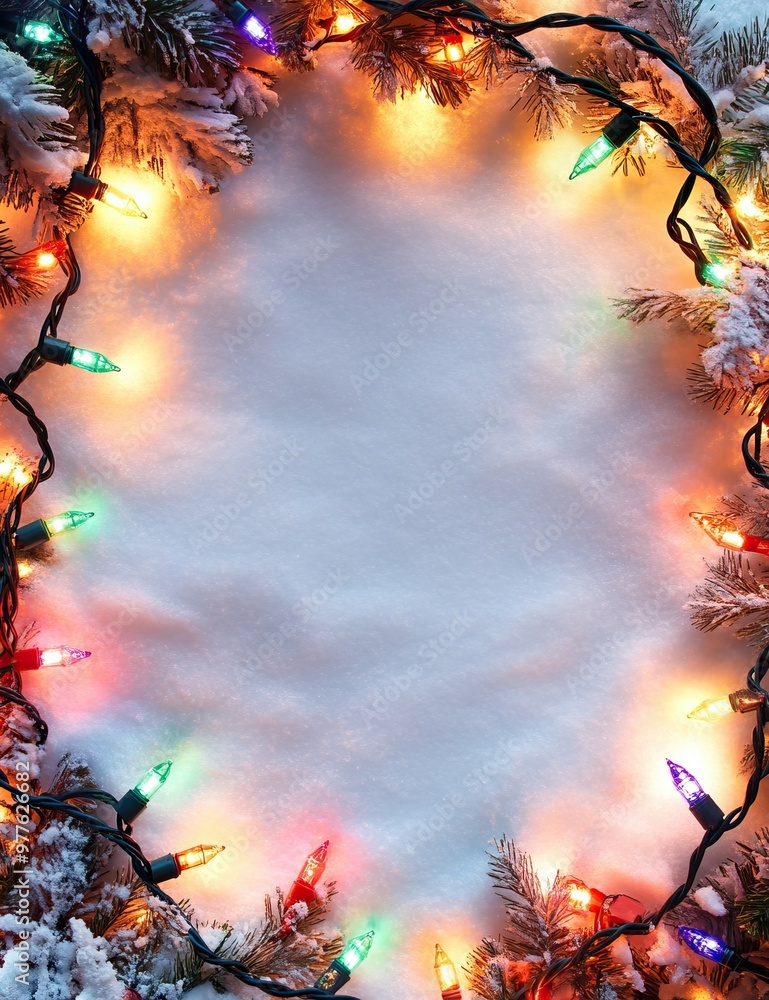 Wall mural snowy christmas background with colorful lights around the edge. text space. ai generated image