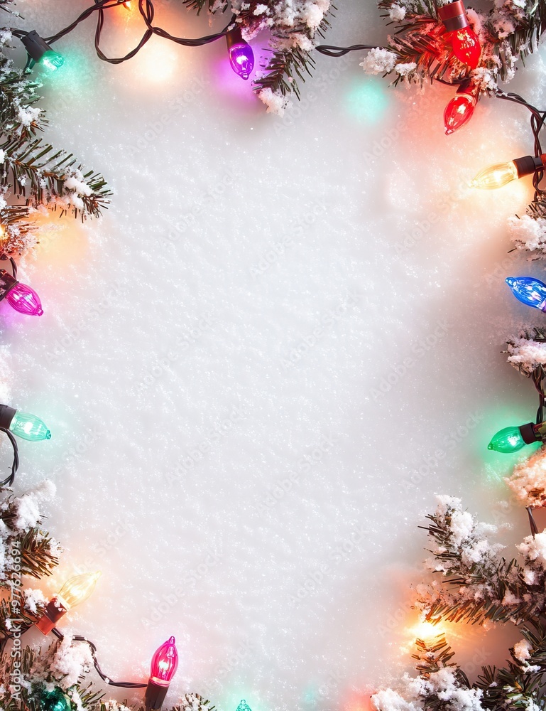 Canvas Prints snowy christmas background with colorful lights around the edge. text space. ai generated image