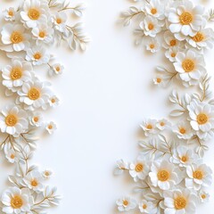 Delicate paper flowers adorn a minimalist background, creating a serene and elegant frame for various designs.