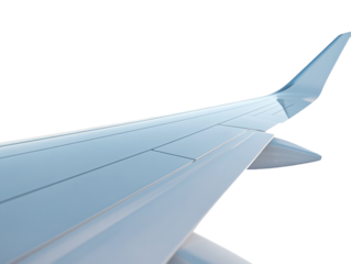 Airplane wing extending into sky on white background. PNG transparent.