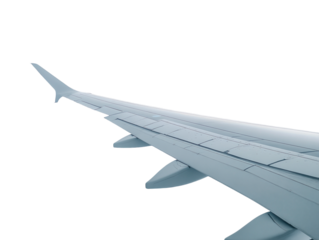 Airplane wing extending into sky on white background. PNG transparent.