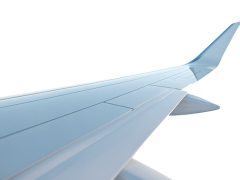 Airplane wing extending into sky on white background. PNG transparent.