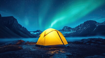 Glowing Yellow Tent Under Aurora and Starry Night Sky