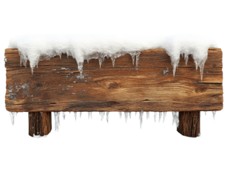 Wooden sign with snow and icicles on white background. PNG transparent.