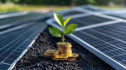 Digital financial chart intertwined with leaves and solar panels, symbolizing renewable finance, green investing, eco-friendly profit