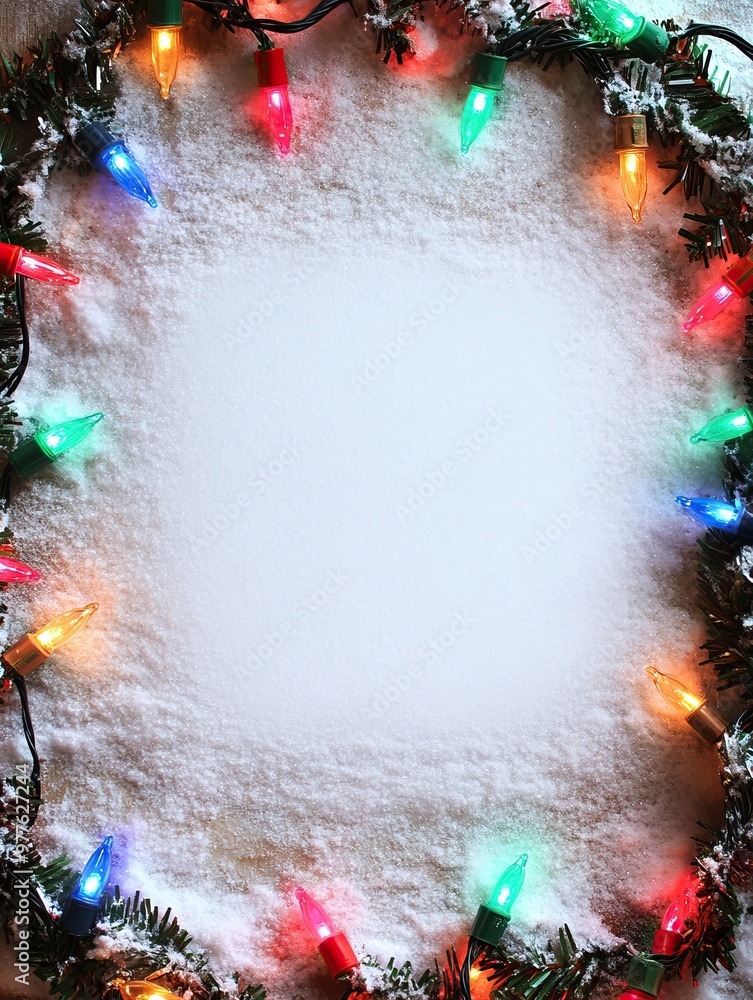 Wall mural snowy christmas background with colorful lights around the edge. text space. ai generated image