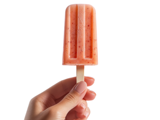 Hand holding peach popsicle on white background. PNG transparent.