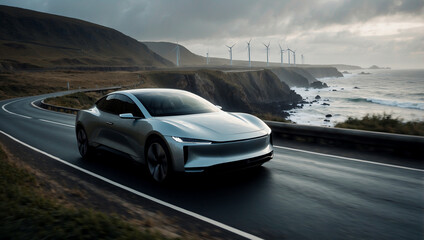 Shining silver car on a highway, mountains and ocean in background