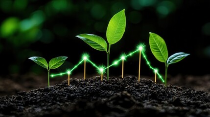 Fototapeta premium Financial growth chart rising from a forest of leaves and renewable energy symbols, green investing, sustainable finance, eco-conscious growth