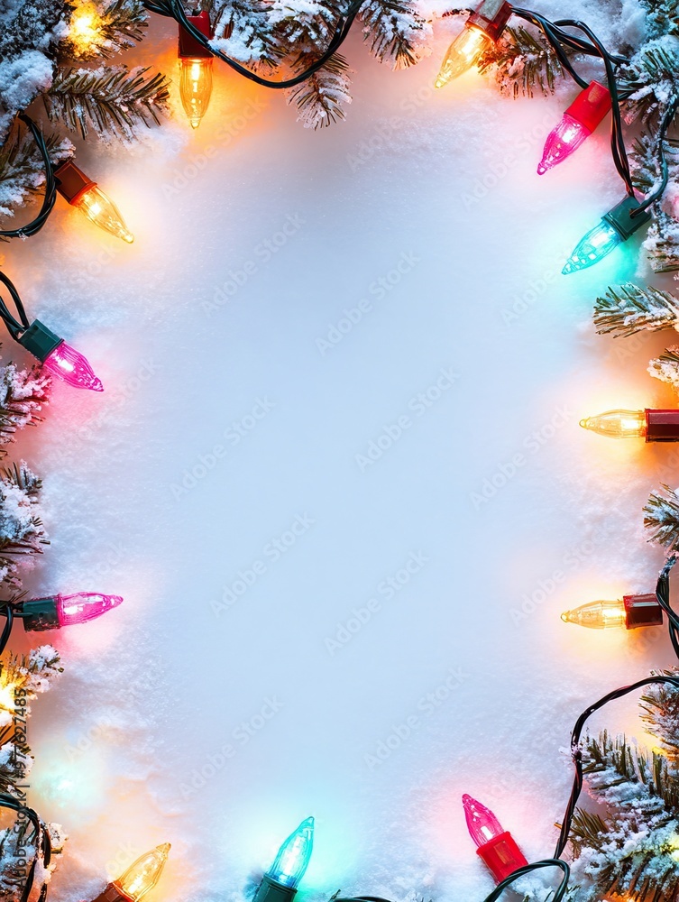 Wall mural snowy christmas background with colorful lights around the edge. text space. ai generated image