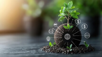 Globe with a tree sprouting from financial symbols and green energy icons, global eco-investment, sustainable finance, green growth