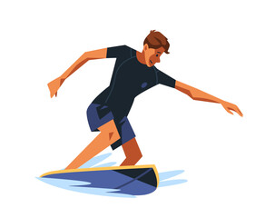Surfer riding wave dynamic action sportsman ocean water sports colorful character design isolated white background