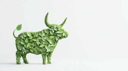Obraz premium Stock market bull made of leaves and eco-tech symbols, symbolizing green market growth, sustainable finance, eco-investing