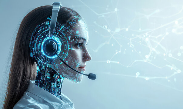 Futuristic woman with a digital headset, blending technology and human interaction, symbolizing innovation in communication, ai call center concept