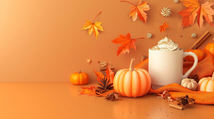 Minimalist Fall Pumpkin Spice Drink with Orange Leaves