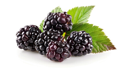 Tasty ripe blackberries and leaf on white background