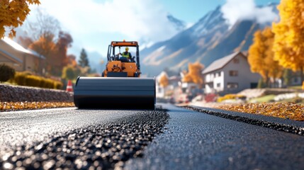 Road roller working on asphalt at a highway under construction with machinery and workers in the background