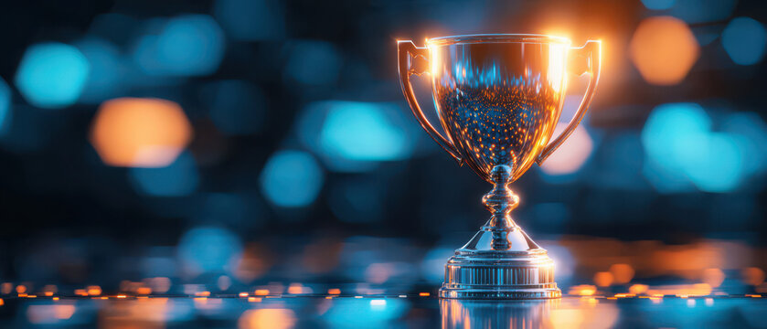 Shimmering trophy with a blurred, colorful background, symbolizing achievement and success in competitions.