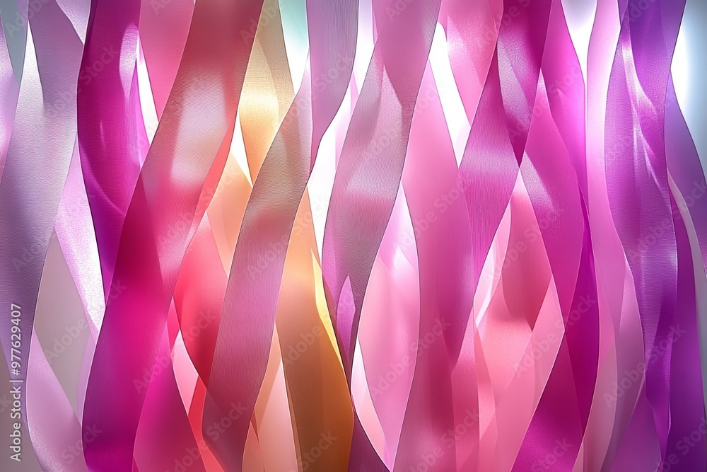 Poster abstract flowing ribbons in pink and purple tones forming a dynamic and smooth wave like pattern in 