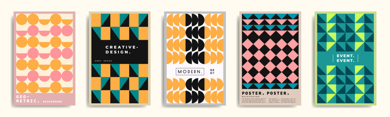 Abstract geometric pattern cover. Trendy colorful poster design set. Geometrical shapes background template collection. For advertisement, social media template, magazine, or modern artwork design.