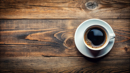 A top view of black hot coffee in white ceramic cup placed on rustic wooden table, creating warm and inviting atmosphere