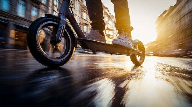 Close-up of a person riding an electric scooter on a city street during sunset - sustainable electric mobility concept