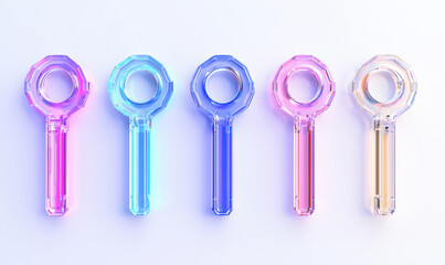 Colorful glass keys arranged in a row, perfect for illustrating concepts of access, unlocking, and creativity, isolate on white background