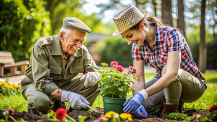 A veteran and woman are joyfully planting flowers in vibrant garden, showcasing teamwork and love for nature. Their smiles reflect satisfaction of gardening together
