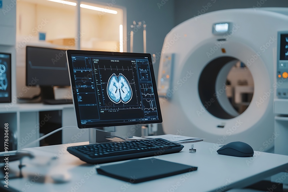 Poster modern brain scan showing on monitor in empty magnetic resonance imaging room