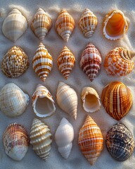 A carefully arranged collection of various shells on white sand, placed in a straight line on a sandy beach