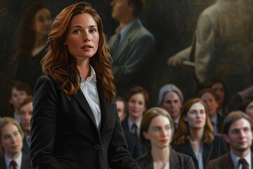 Obraz premium A photorealistic depiction of a confident businesswoman delivering a presentation to a captivated audience, her poise and expertise commanding attention