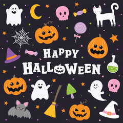 Cute Halloween card with icons in retro style. Vector illustration