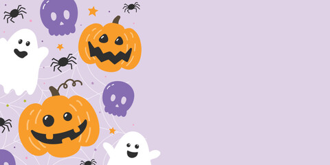 Cute Halloween background with hand drawn pumpkins, ghosts and skulls. Vector illustration